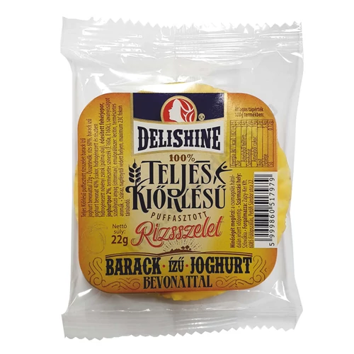 Delishine telj.kiörl. puff. rizsszelet 22g barack-joghurt ízü bev.