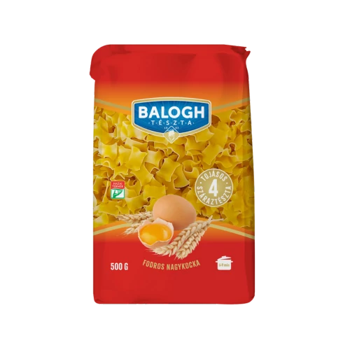 Balogh tészta 0,5kg fodros nagykocka, talpas, álló, visszazárható csom.