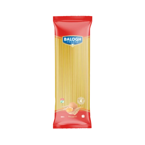Balogh tészta 0,5kg hosszúmetélt, talpas, álló, visszazárható csom.