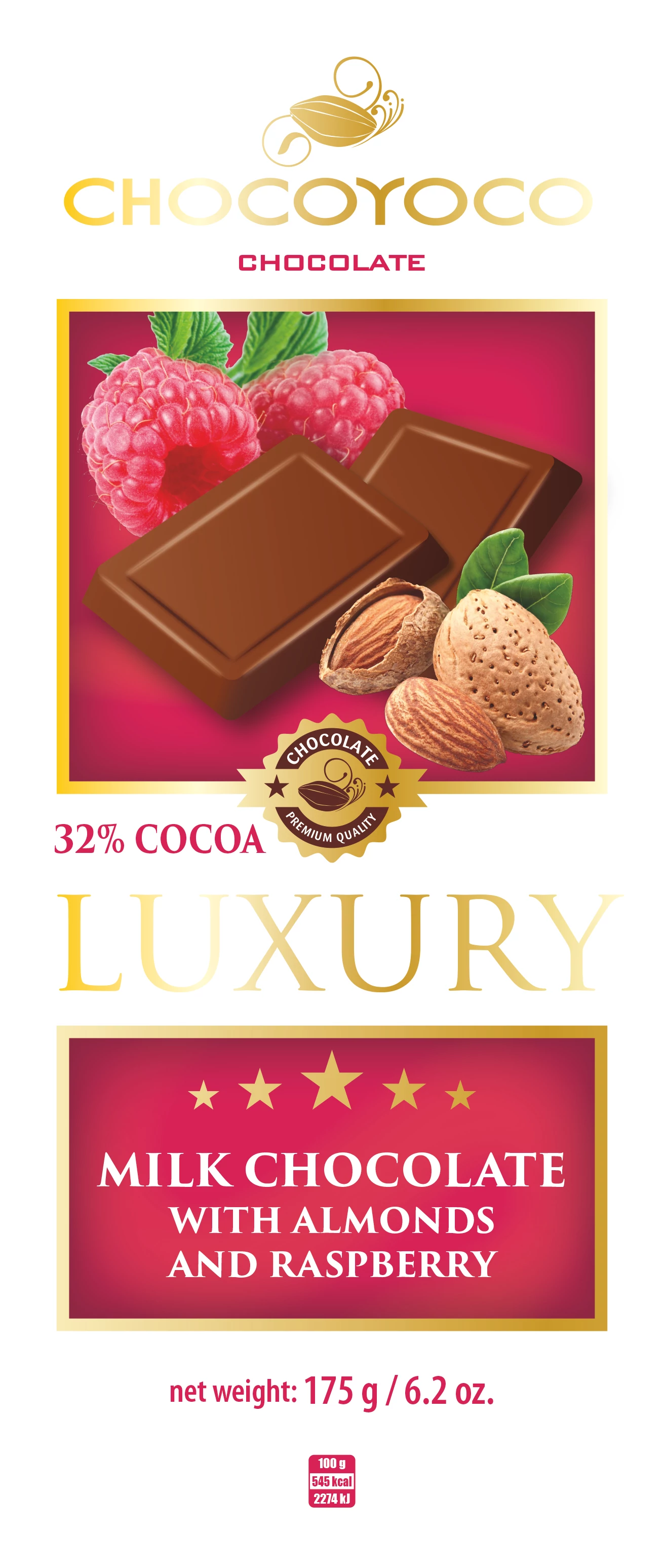 C.yocoLuxury 175g tejcsokoládé mandula-málna