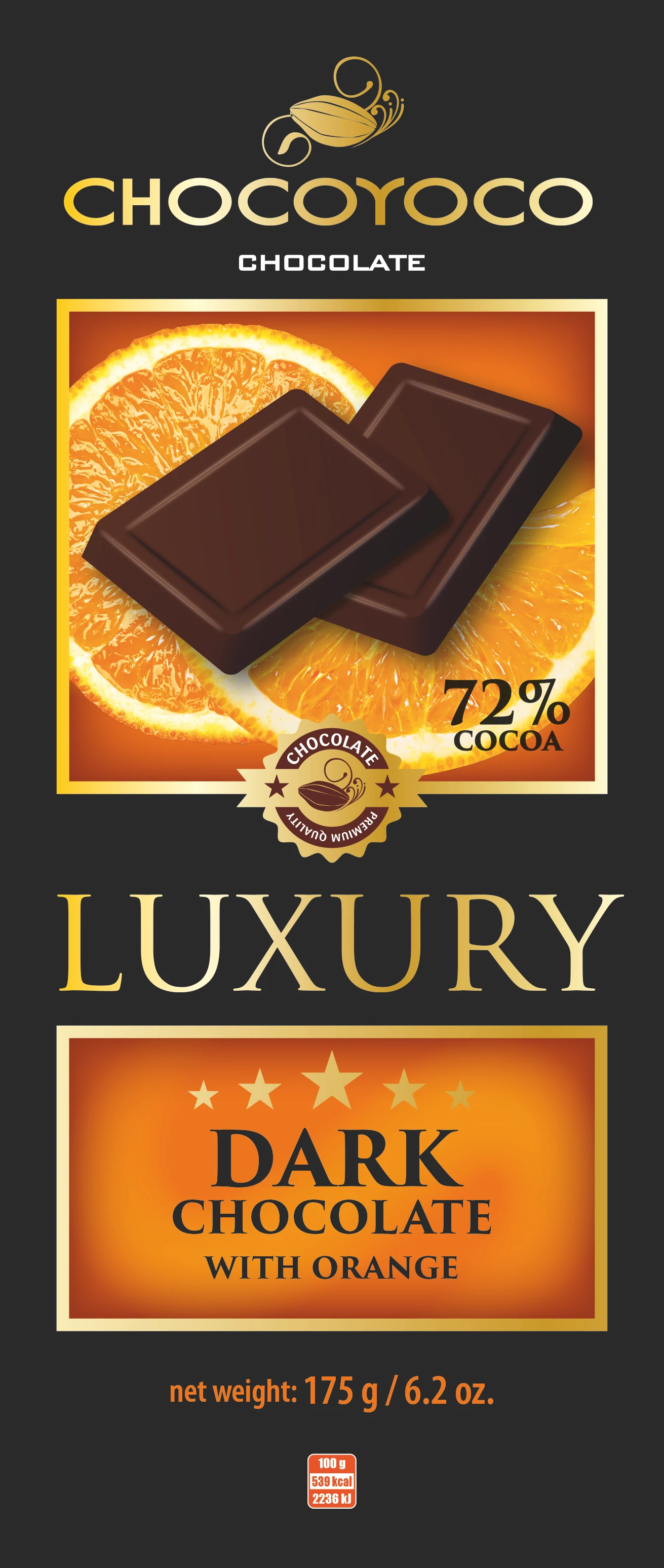 C.yocoLuxury 175g tejcsokoládé dark narancs 72%csokoládé tartalommal