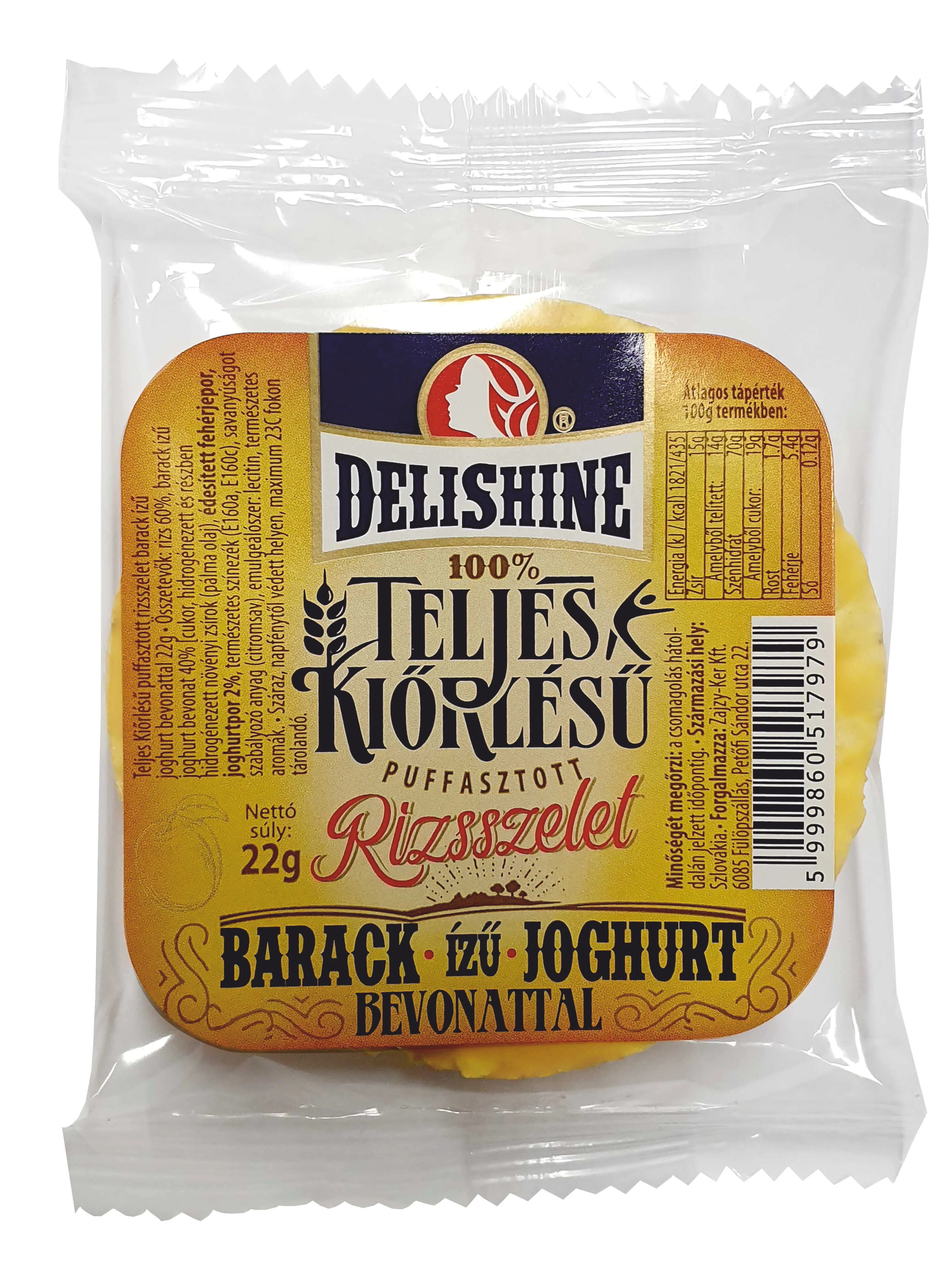 Delishine telj.kiörl. puff. rizsszelet 22g barack-joghurt ízü bev.