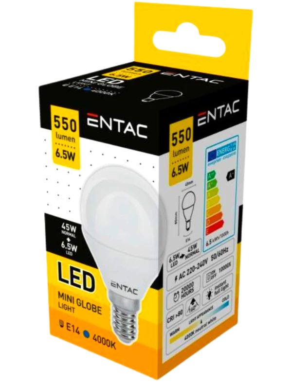 .Entac Led mini gömb, 6,5W/E14 (45W)